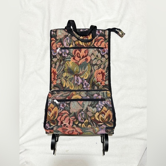 Vintage-Style Floral Tapestry Rolling Cart Tote with Wheels - Picture 1 of 10